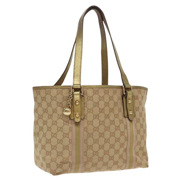 GUCCI GG Canvas Sherry Line Tote Bag Beige Gold Pink - Picture 1 of 16